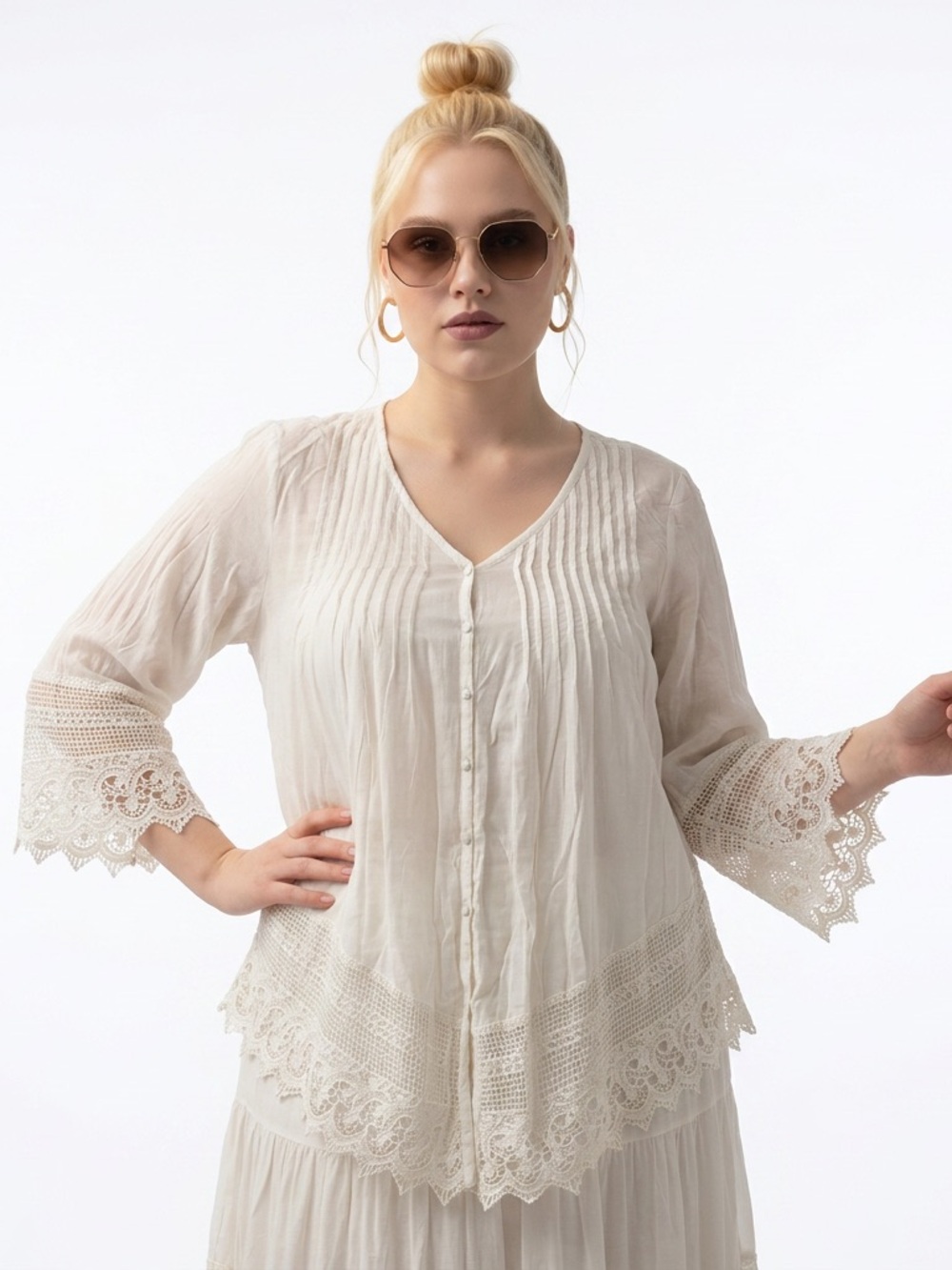 Solitaire Cream Crochet -Trim Button Front Blouse